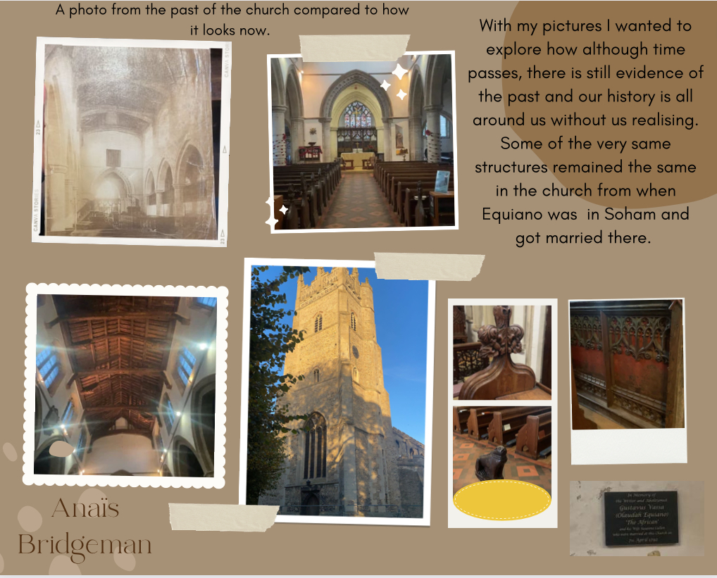 A student's story board featuring photos of the Soham church where Olaudah Equiano married