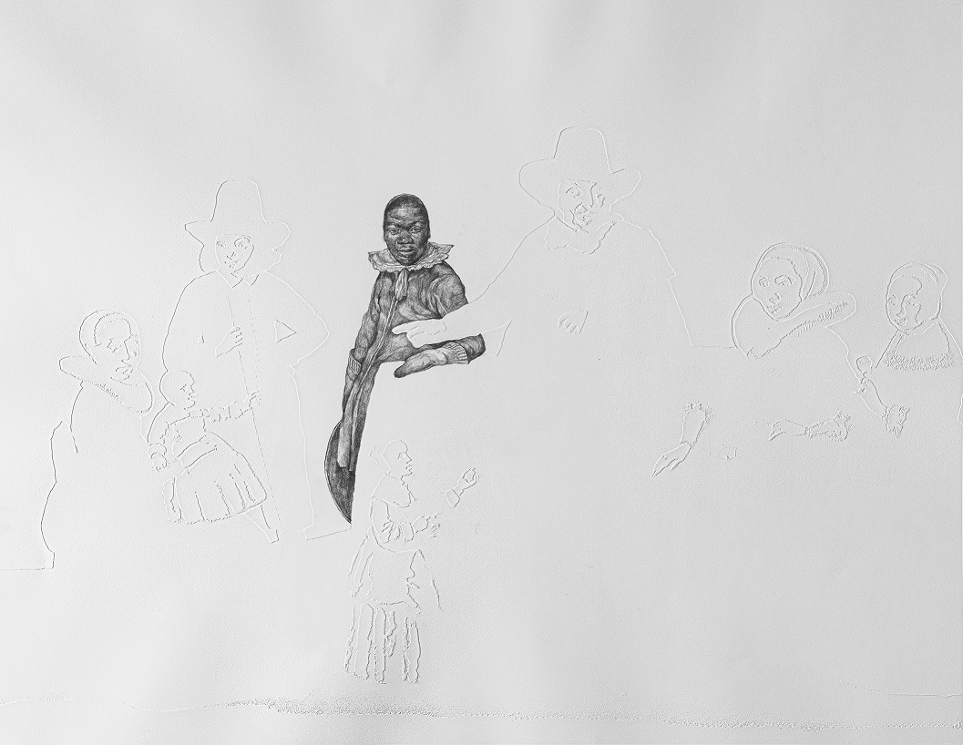 Graphite drawing of a Black historic figure against a white ground embossed with White historic figures