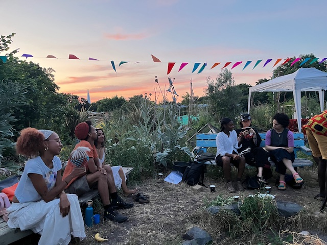 A group of people sitting in a community garden in London at sunset