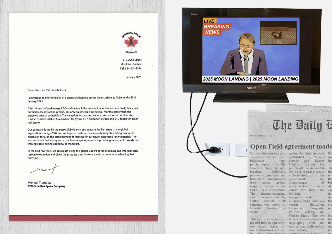 A typed letter next to an image of a newsreader on television and a newspaper