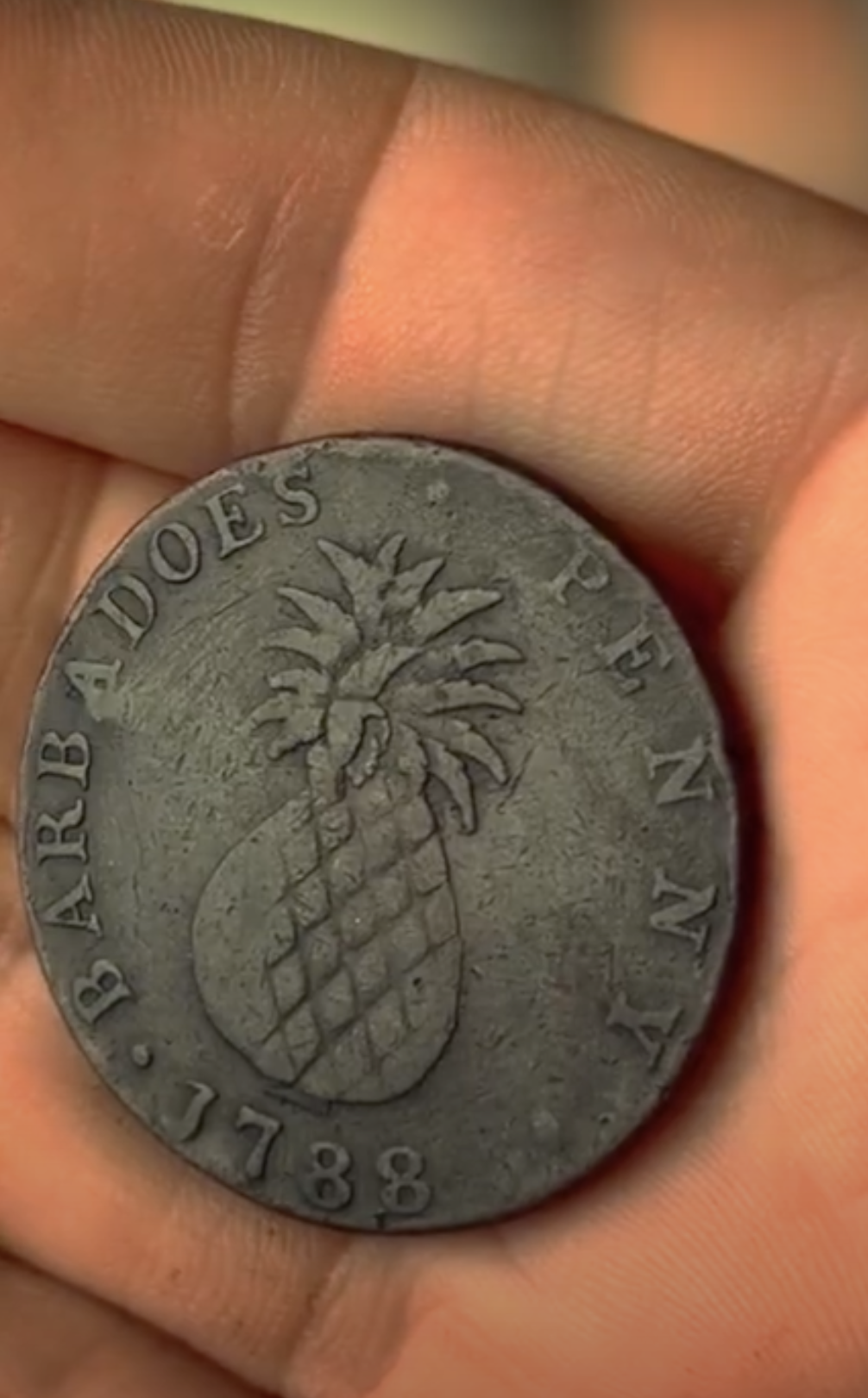 One side of an old Barbados Penny showing a pineapple
