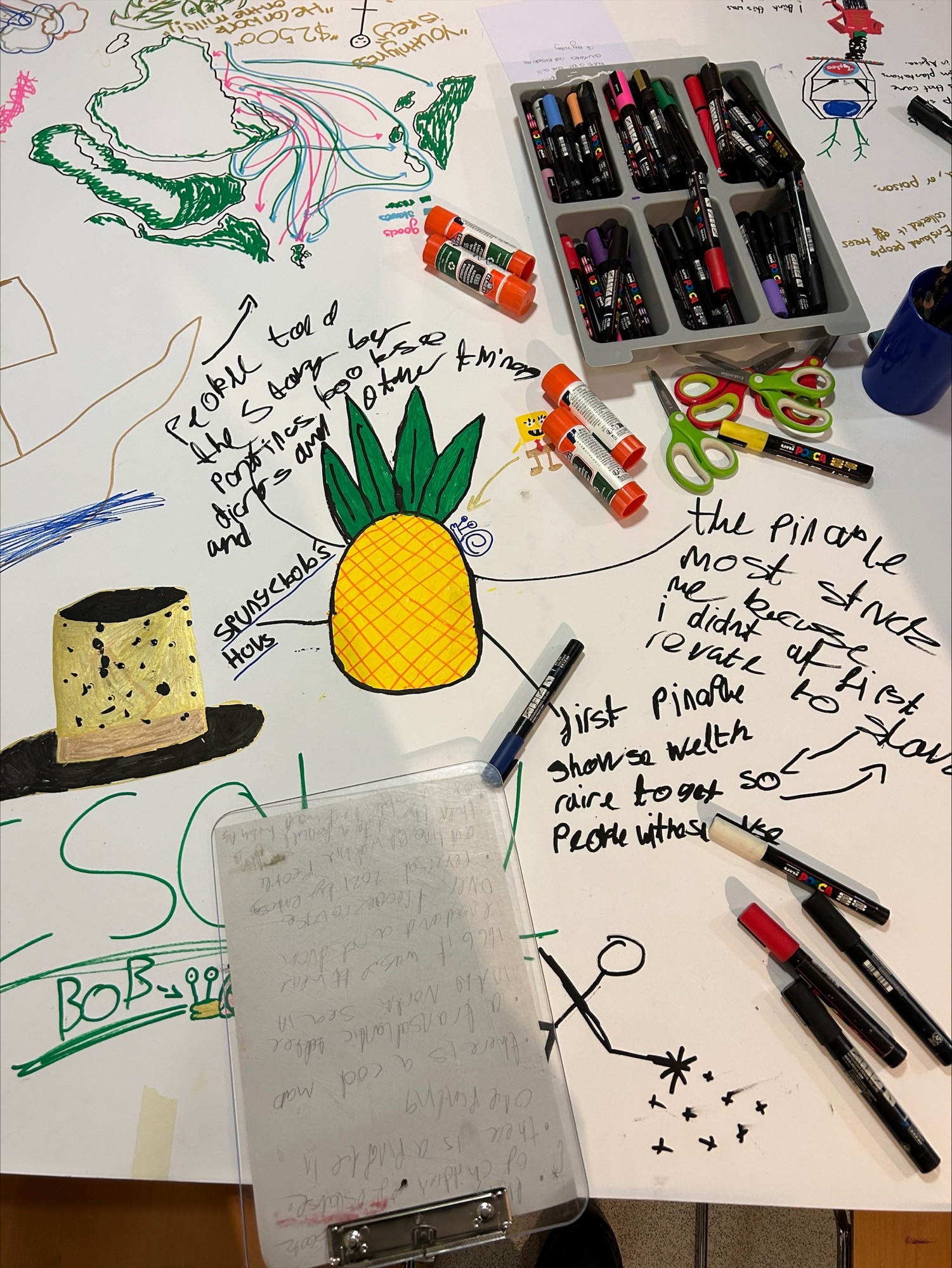 Colourful drawings, pens and crayons